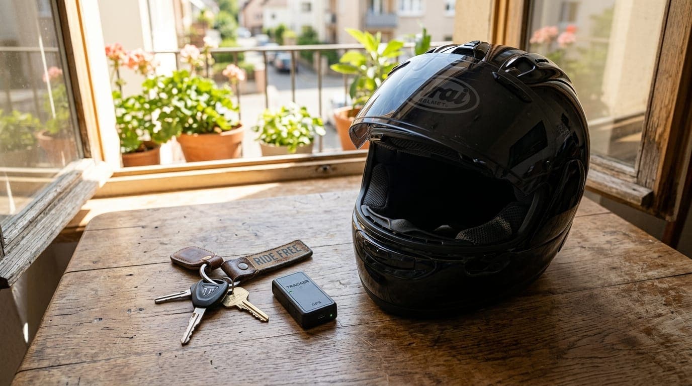 Motorcycle keys, compact GPS tracker, and protective helmet on a rustic wooden table