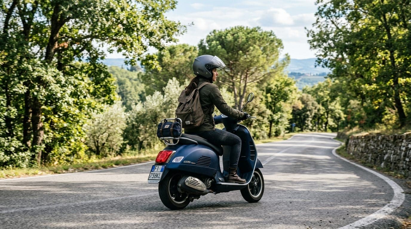 A traveler riding a modern scooter along a scenic tree-lined road in natural daylight