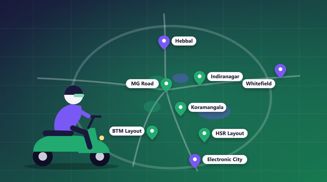 Illustrated map of Bangalore with pins on BTM Layout, HSR Layout, Koramangala, Indiranagar, Whitefield and Electronic City, and a rider on a scooter
