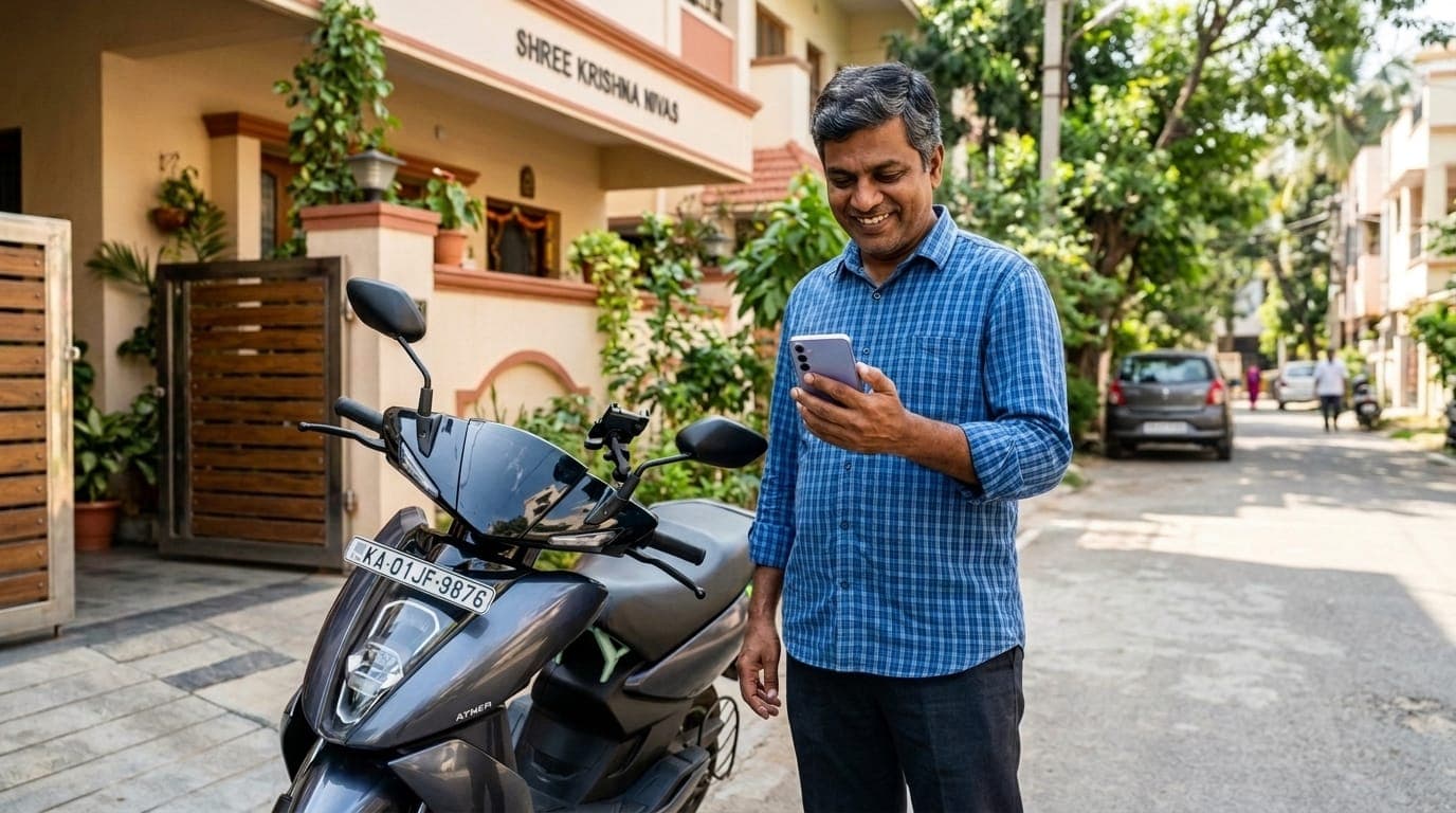 A vehicle owner standing next to his modern scooter while listing it on the Rentop app