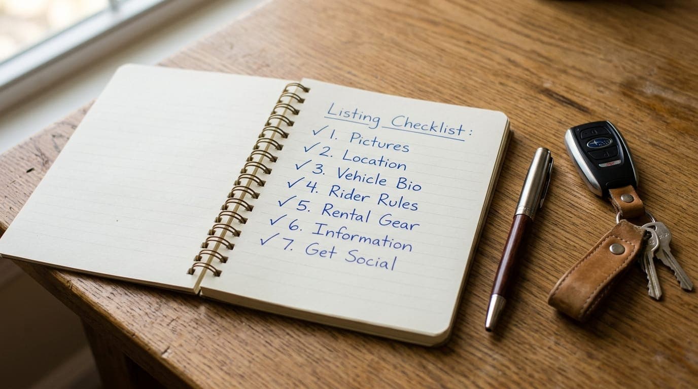 A handwritten 7-point vehicle listing checklist on a notepad: Pictures, Location, Vehicle Bio, Rider Rules, Rental Gear, Information, Get Social